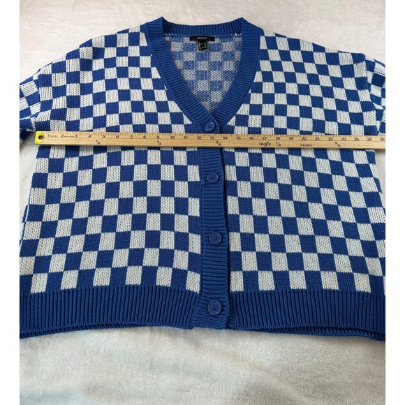 Forever 21 Blue White Checkerboard Knit Cardigan Sweater Womens Medium Oversized - Picture 4 of 8